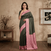 Semi Banarasi Saree with Contrast Border - Pink Black