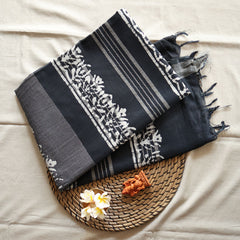 Batik Hand Block Print Cotton Saree - Black