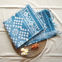 Batik Hand Block Print Cotton Saree - Blue