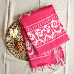 Batik Hand Block Print Cotton Saree - Pink