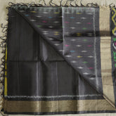 Pochampally Silk Saree with Temple Border & Checks - Black Gold