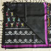 Pochampally Silk Saree with Temple Border & Checks - Black