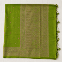 Leaf Green Semi Banarasi Saree with Antique Gold Zari Weaving