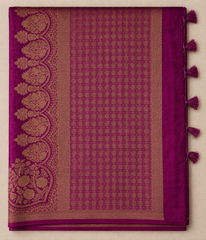 Magenate purple Semi Banarasi Saree With Antique Gold Floral Zari Weaving