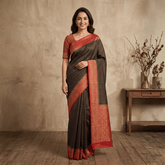 Semi Banarasi Saree with Contrast Border - Orange
