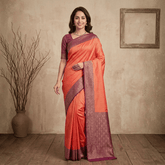 Semi Banarasi Saree with Contrast Border - Orange Red