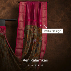 Olive Green Floral Pen Kalamkari Silk Saree with Rani Pink Border