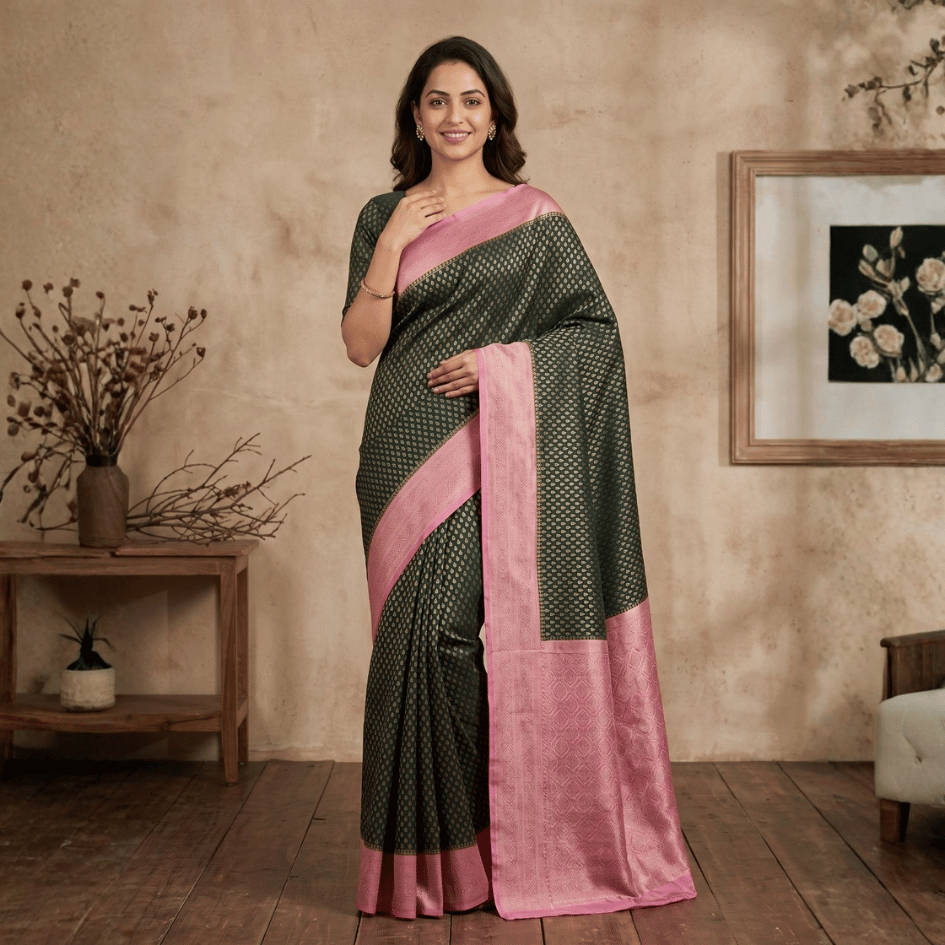 Semi Banarasi Saree with Contrast Border - Pink Black