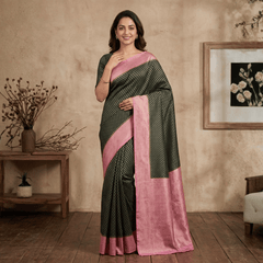Semi Banarasi Saree with Contrast Border - Pink Black