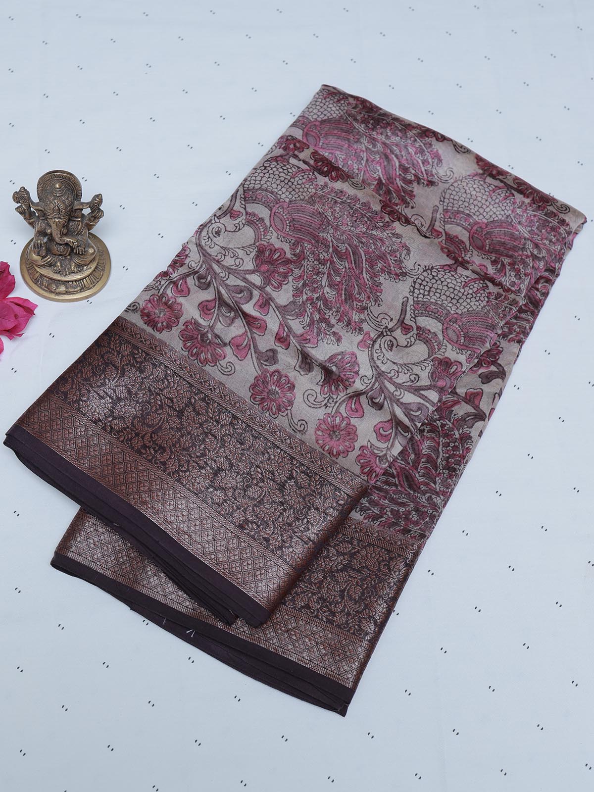 Pink Chanderi Saree with Brown Border