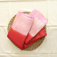 Semi Banarasi Saree with Contrast Border - Pink Red