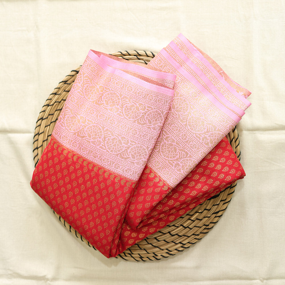 Semi Banarasi Saree with Contrast Border - Pink Red