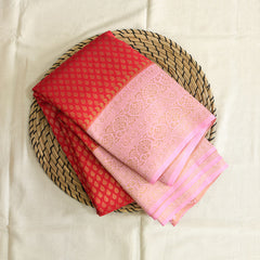 Semi Banarasi Saree with Contrast Border - Pink Red