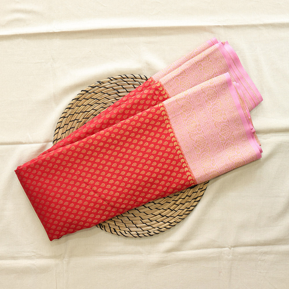 Semi Banarasi Saree with Contrast Border - Pink Red