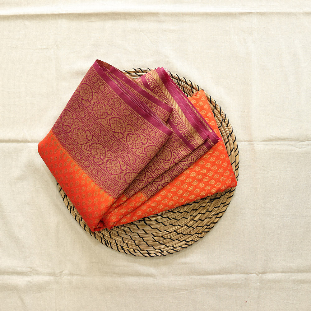 Semi Banarasi Saree with Contrast Border - Orange Red