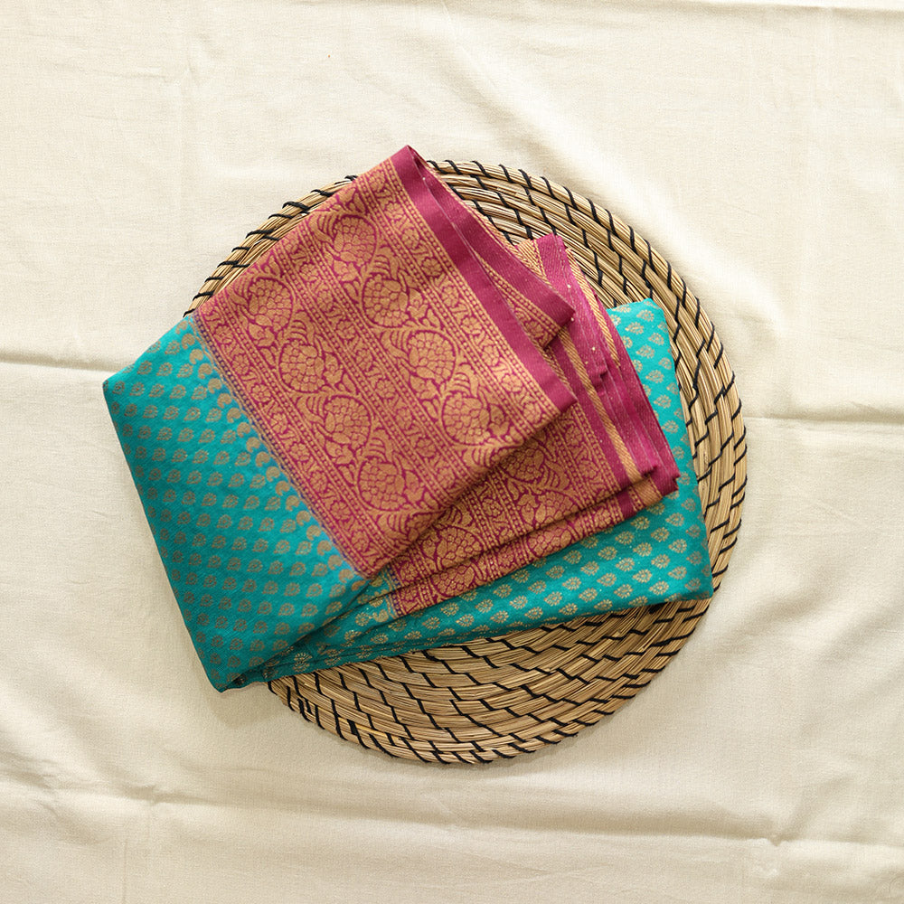 Semi Banarasi Saree with Contrast Border - S Blue