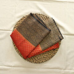 Semi Banarasi Saree with Contrast Border - Orange brown