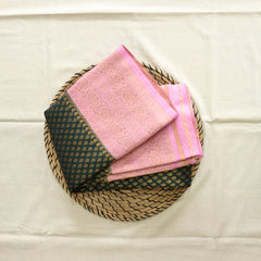 Semi Banarasi Saree with Contrast Border - Pink Black