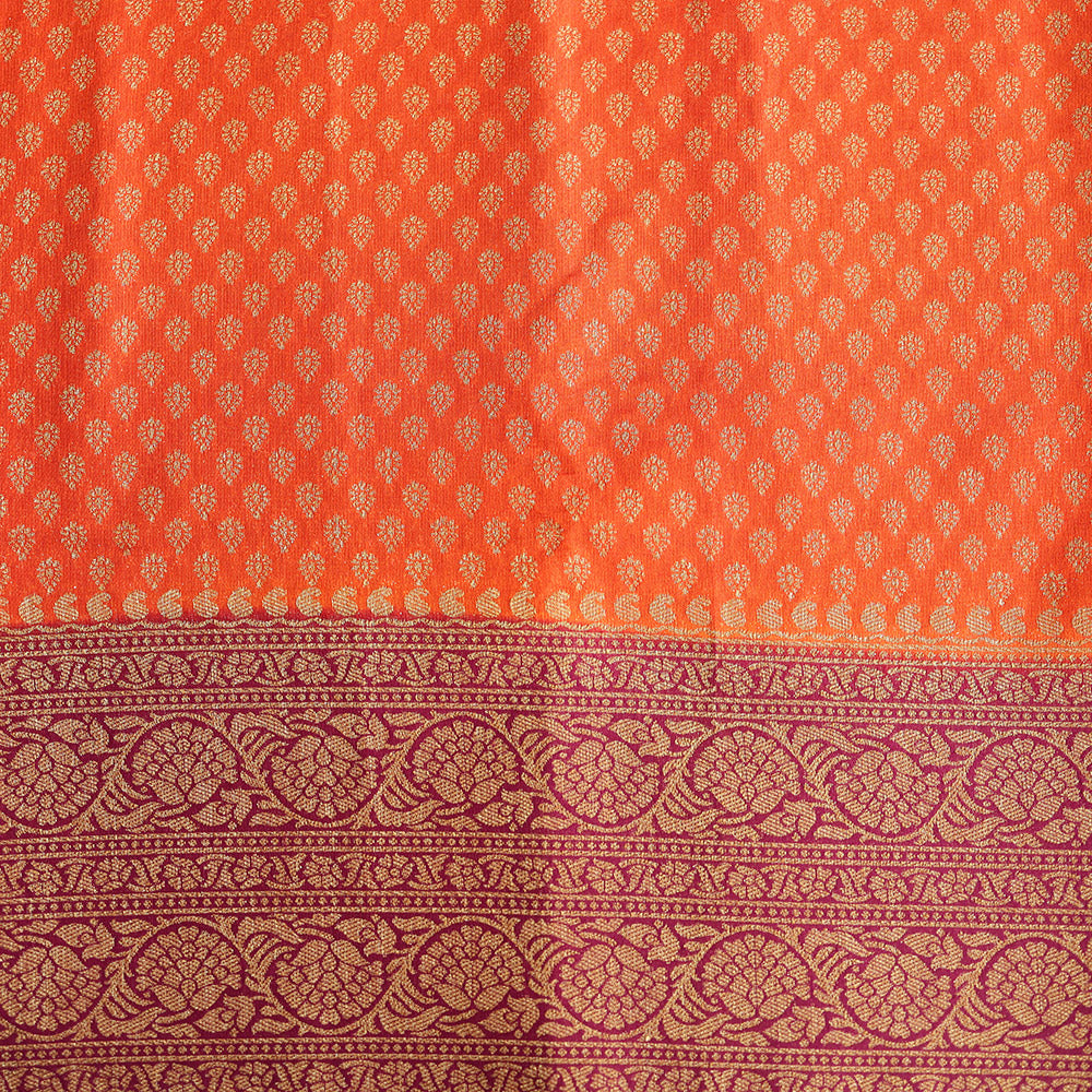 Semi Banarasi Saree with Contrast Border - Orange Red