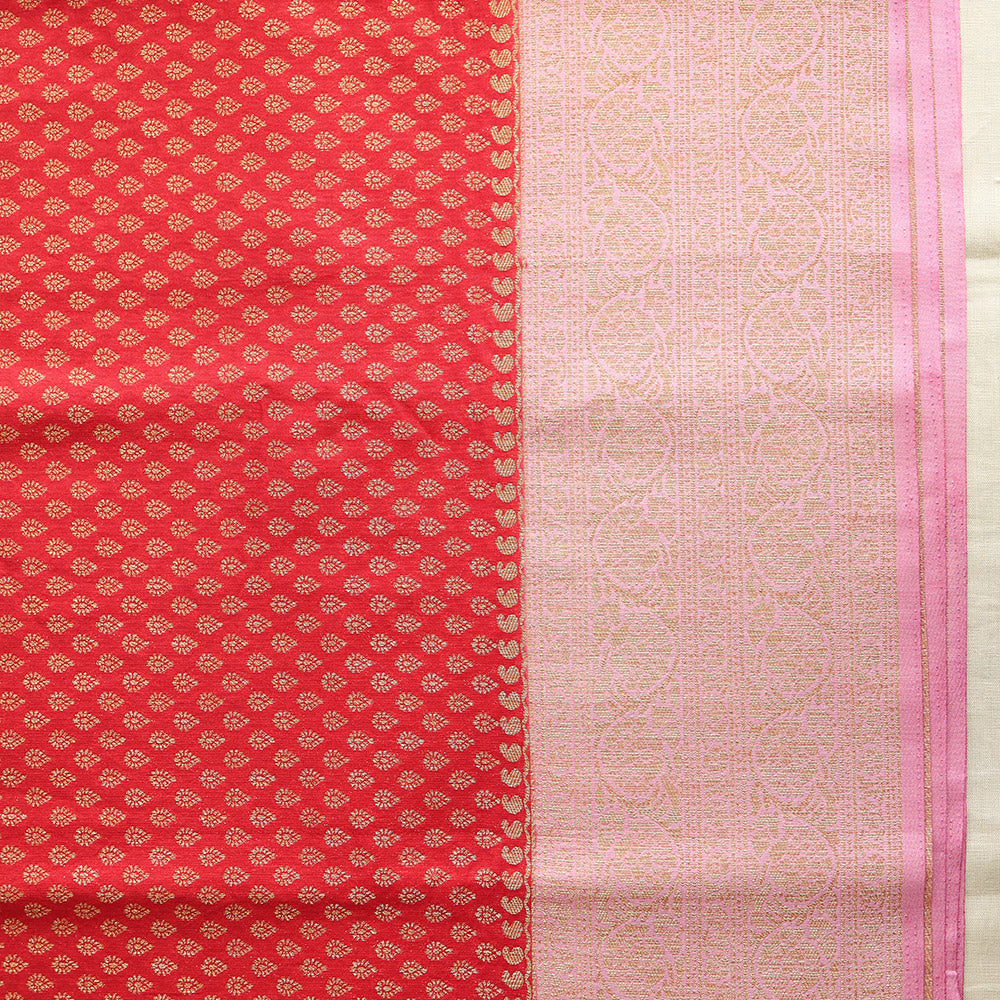Semi Banarasi Saree with Contrast Border - Pink Red