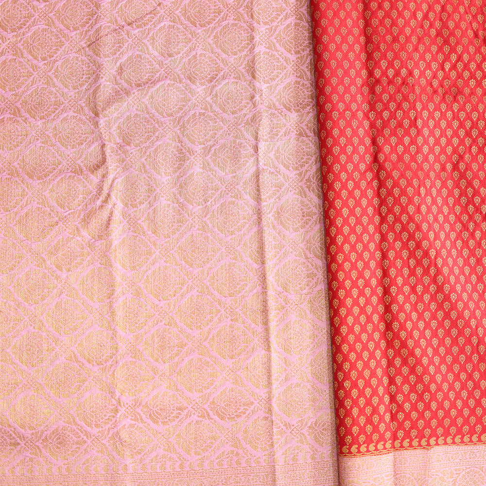 Semi Banarasi Saree with Contrast Border - Pink Red