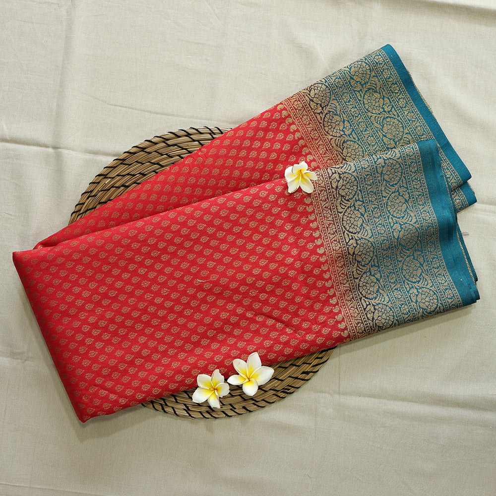 Semi Banarasi Saree with Contrast Border - Red Blue