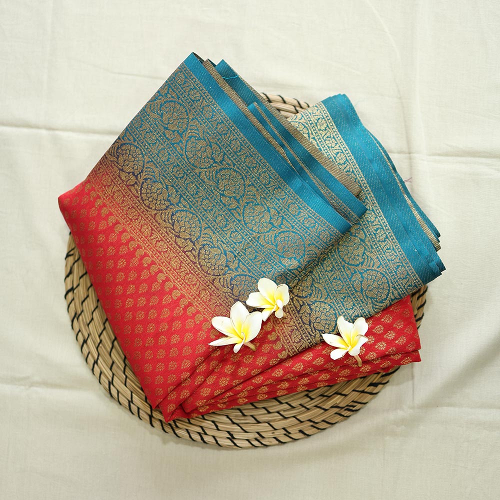 Semi Banarasi Saree with Contrast Border - Red Blue