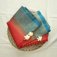 Semi Banarasi Saree with Contrast Border - Red Blue