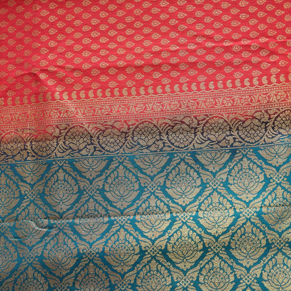 Semi Banarasi Saree with Contrast Border - Red Blue