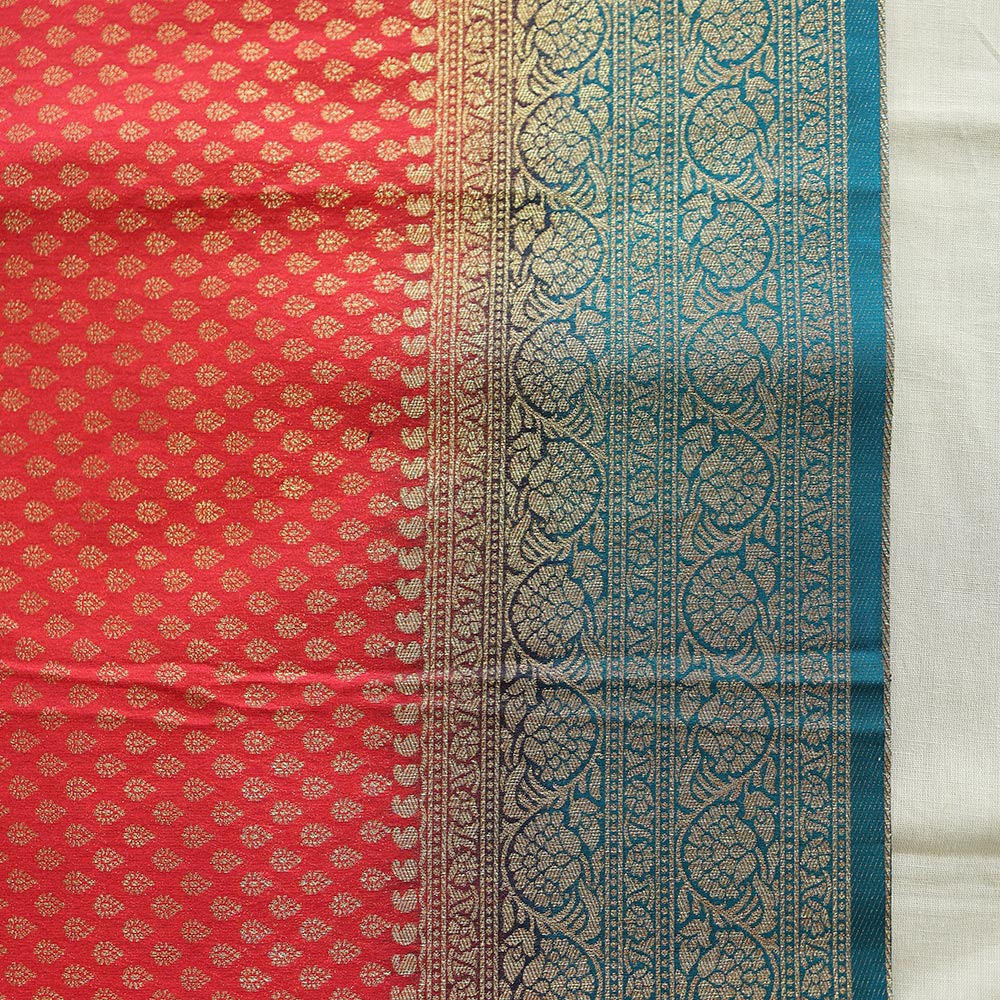Semi Banarasi Saree with Contrast Border - Red Blue