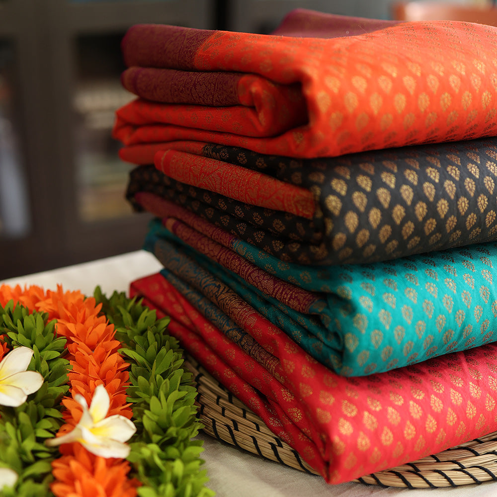 Semi Banarasi Saree with Contrast Border - Orange Red