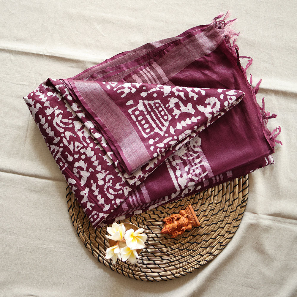 Batik Hand Block Print Cotton Saree - Maroon