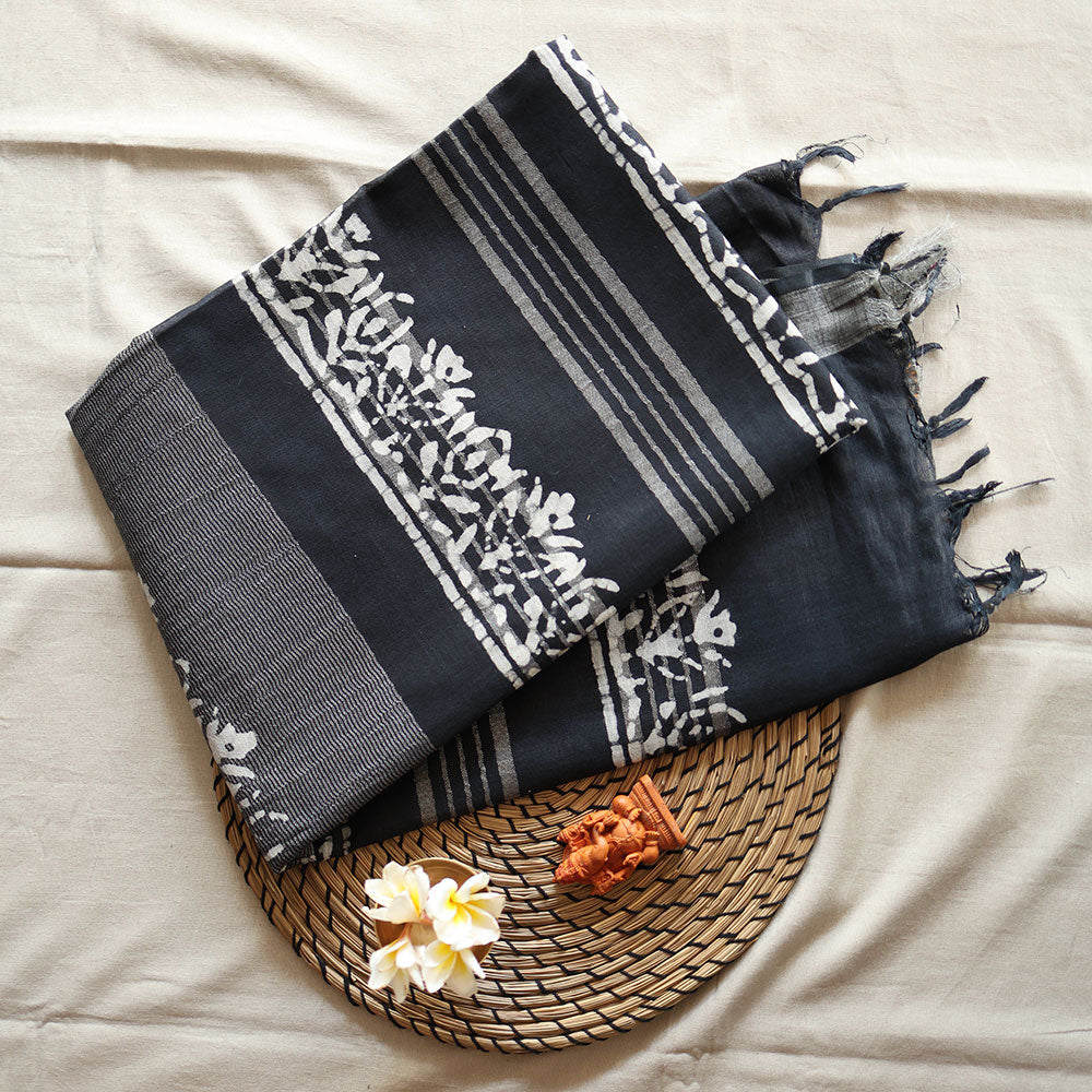 Batik Hand Block Print Cotton Saree - Black