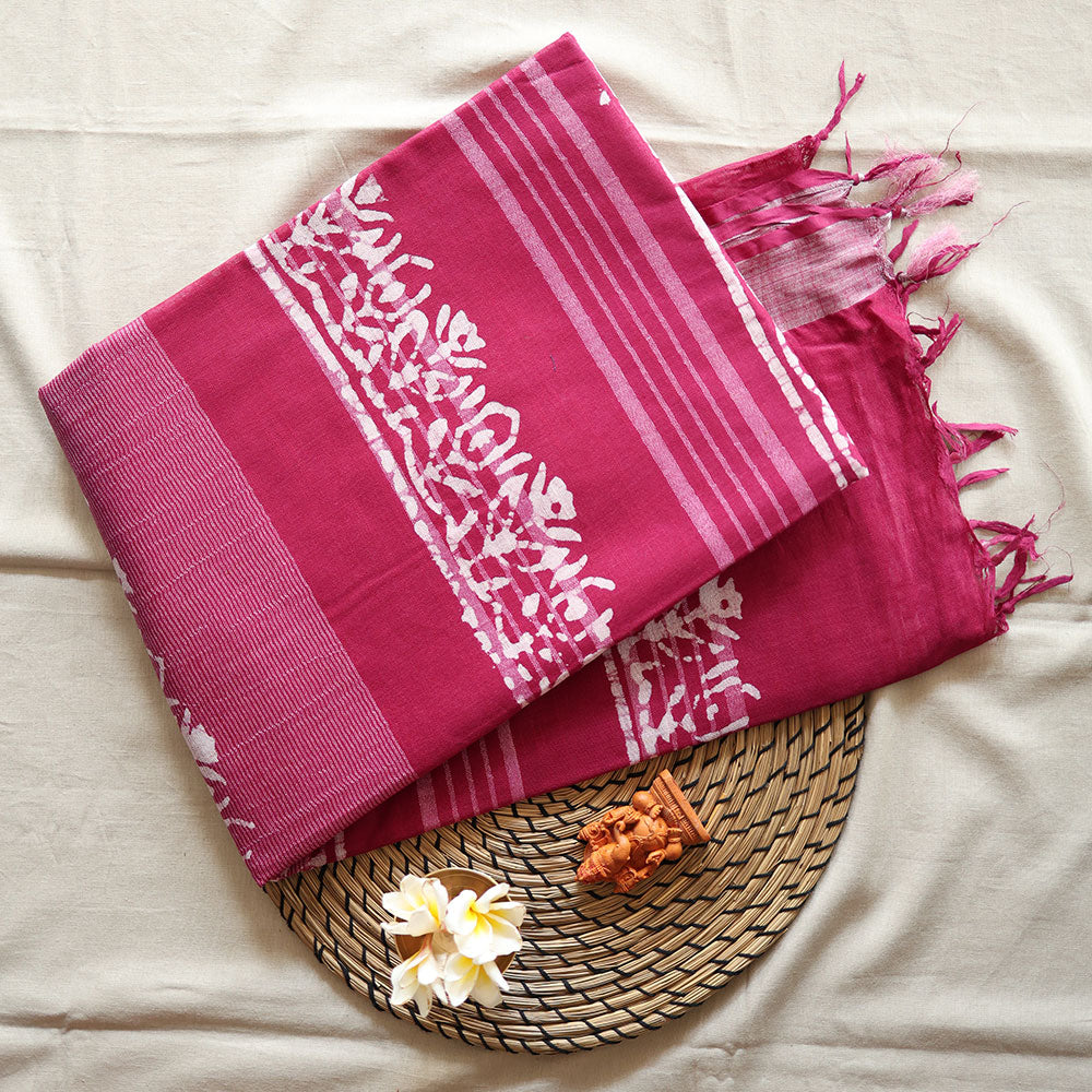 Batik Hand Block Print Cotton Saree - Pink