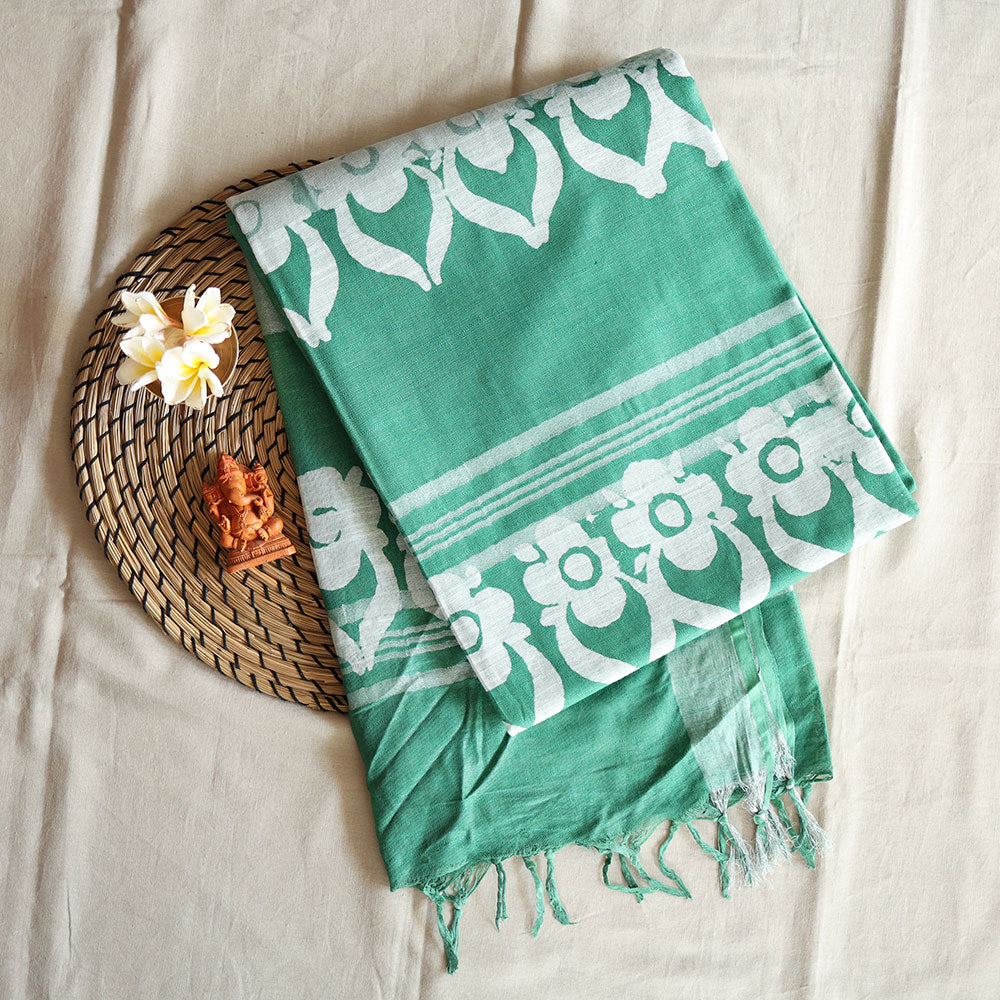 Batik Hand Block Print Cotton Saree - Green