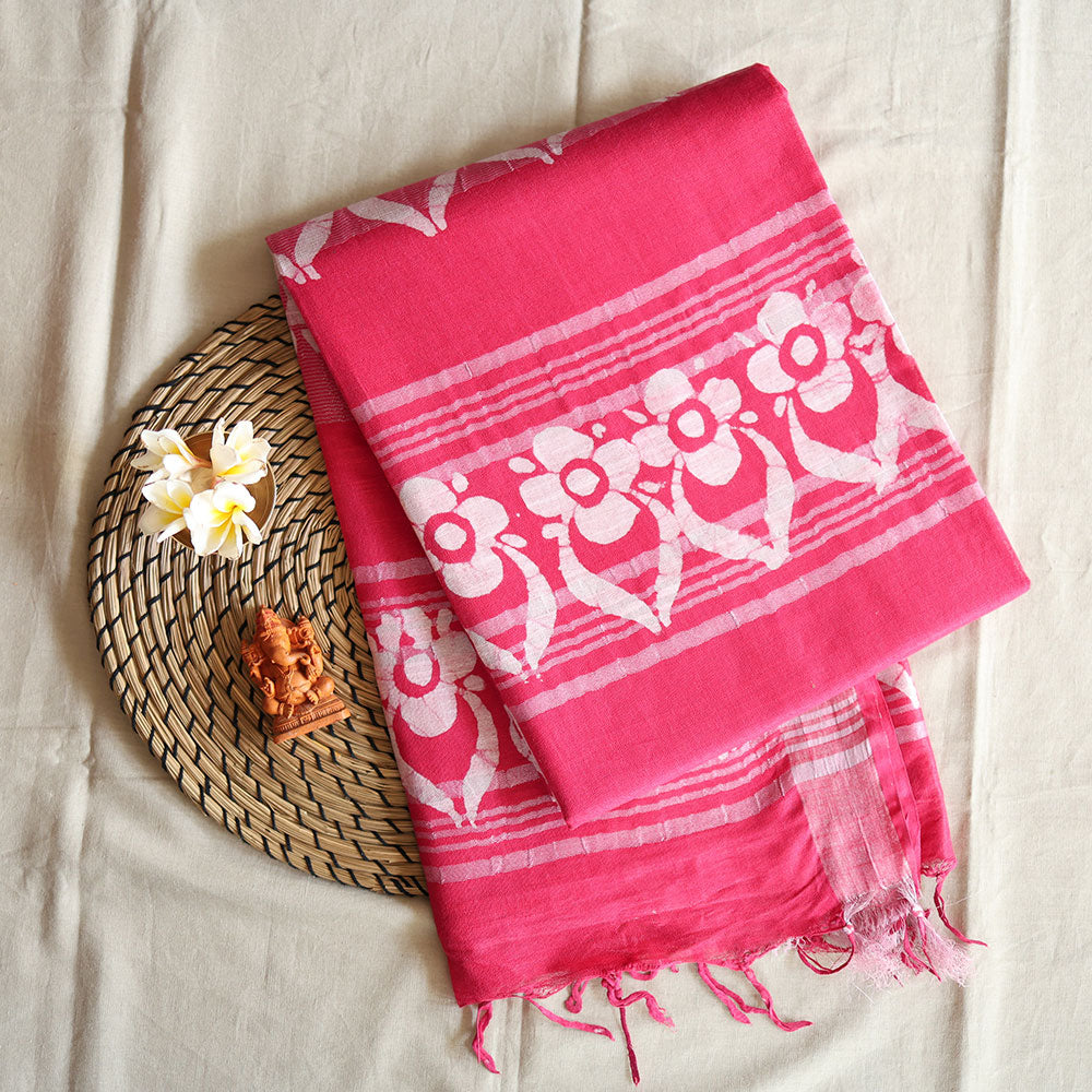 Batik Hand Block Print Cotton Saree - Pink