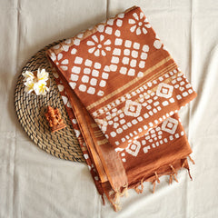 Batik Hand Block Print Cotton Saree - Brown