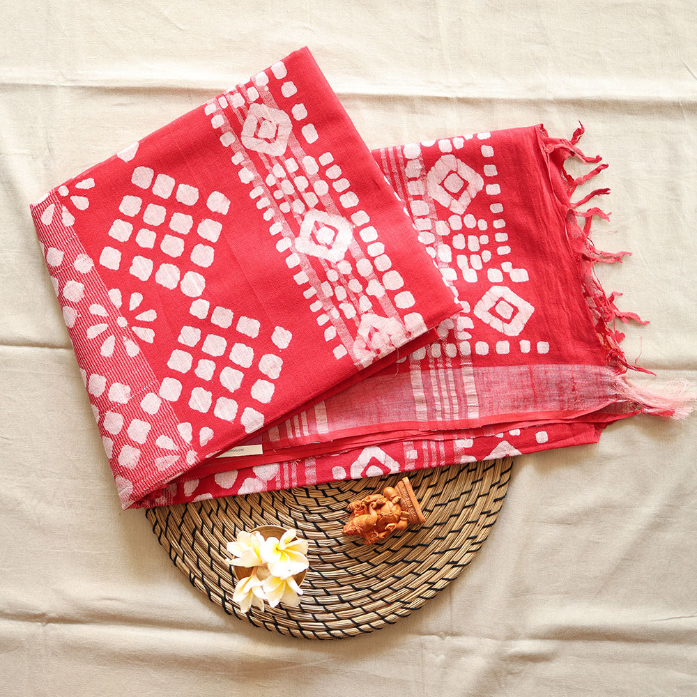 Batik Hand Block Print Cotton Saree - Red