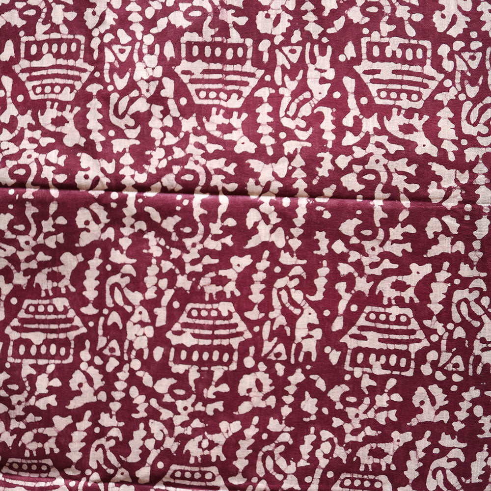 Batik Hand Block Print Cotton Saree - Maroon