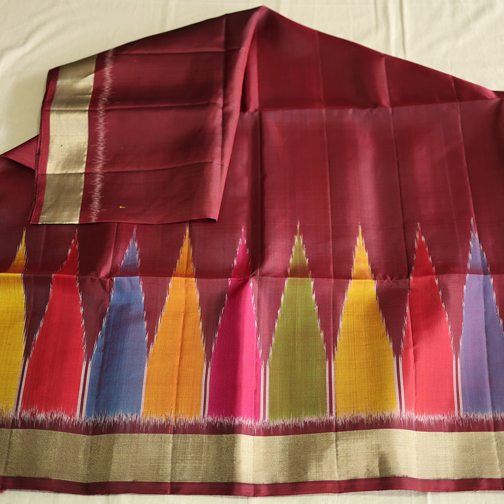Pochampally Silk Saree with Temple Border & Checks - Maroon