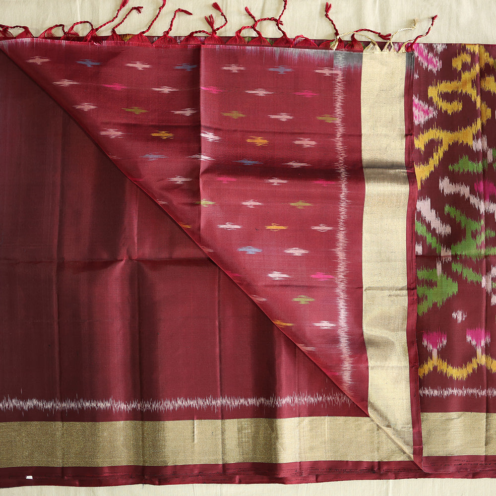 Pochampally Silk Saree with Temple Border & Checks - Maroon