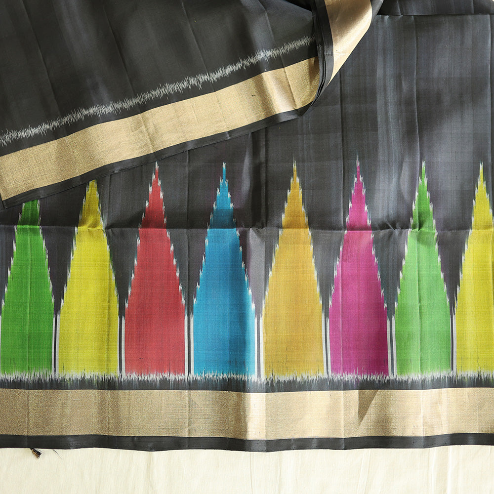 Pochampally Silk Saree with Temple Border & Checks - Black Gold