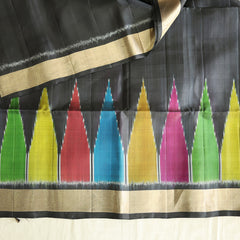 Pochampally Silk Saree with Temple Border & Checks - Black Gold