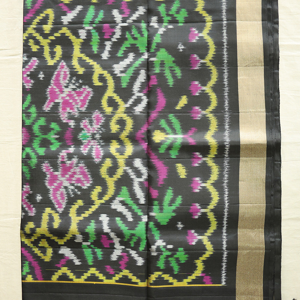 Pochampally Silk Saree with Temple Border & Checks - Black Gold