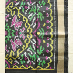 Pochampally Silk Saree with Temple Border & Checks - Black Gold