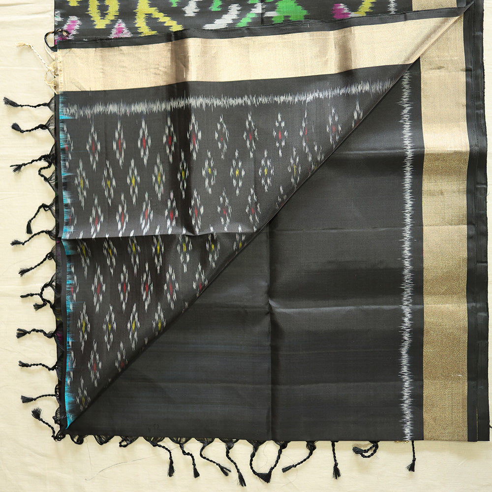Pochampally Silk Saree with Temple Border & Checks - Black Gold