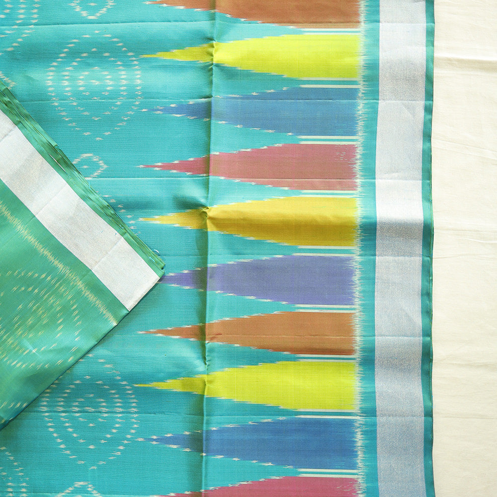 Pochampally Silk Saree with Temple Border & Checks - Blue Cyan