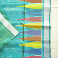 Pochampally Silk Saree with Temple Border & Checks - Blue Cyan