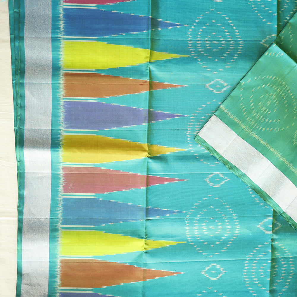 Pochampally Silk Saree with Temple Border & Checks - Blue Cyan