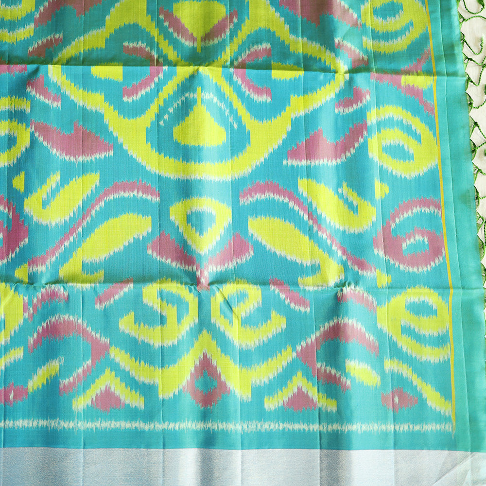 Pochampally Silk Saree with Temple Border & Checks - Blue Cyan